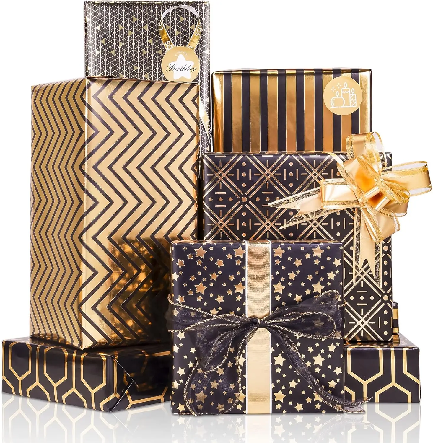 Gift Wrapping Paper Set, 6 Sheets Metallic Black Gold Foil Wrapping Paper w/Gift Bow & Sticker, Shiny Luxury Men Boys Gift Wraps for Birthday, Holiday, Graduation, Baby Shower, 27.5x19.6in