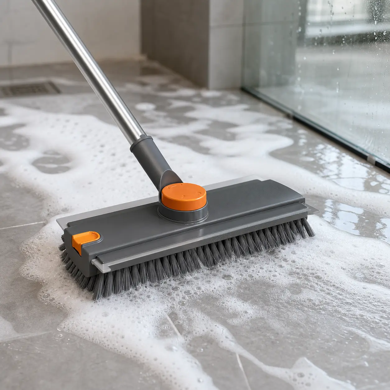 360° Rotating V-Shaped Floor Scrubber Brush - Sturdy Unflagged Stiff Bristles, 28-52 in Adjustable Collapsible Stainless Steel Handle, Silicone Squeegee, Hanging Saves Space, Fits Tile Vinyl Wood, Multi-Room Use Tool, Swimming Pool Cleaning