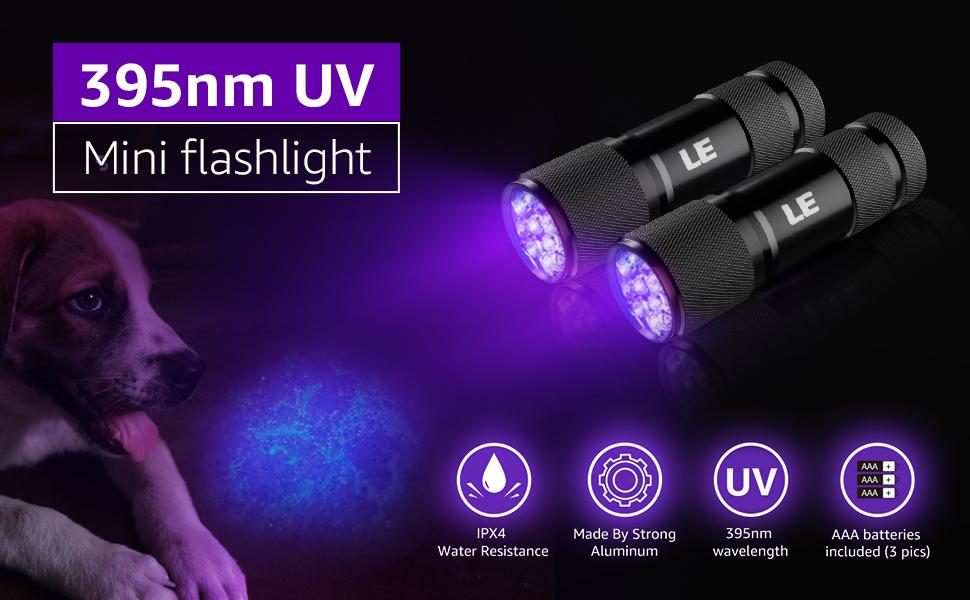 Lighting EVER Black Light Flashlight, Small UV Lights 395nm, Portable Ultraviolet Light Detector for Invisible Ink Pens, Dog Cat Pet Urine Stain, AAA Batteries Included
