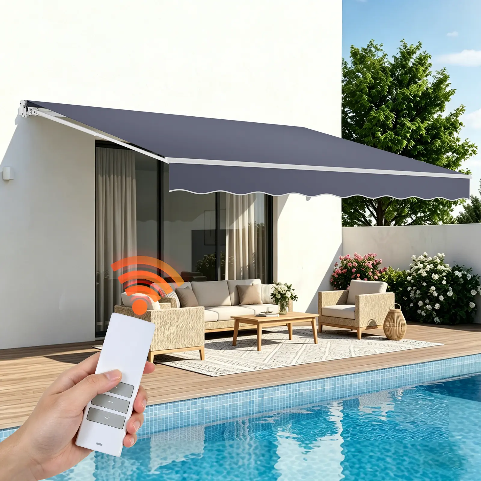 VEVOR Rectangular Electric Retractable Wall Mount Awning Kit, 14.1'x9.8' Adjustable Canopy Shade, Motorized Outdoor Patio Awnings with Remote Controller & Manual Crank, Waterproof Polyester Fabric, Aluminum Frame for Deck, Balcony