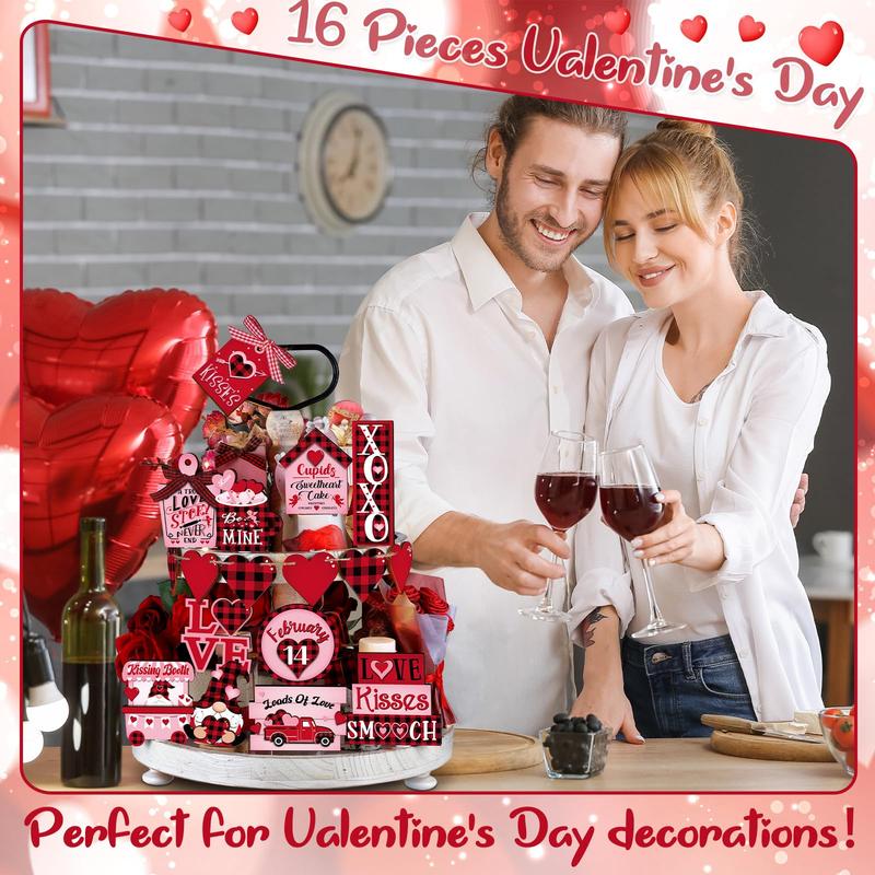 Valentine's Day Wooden Tiered Tray Decor 20 Pcs without Tray, Gnome Love Letter Dwarf Car Design Table Decor Wooden Ornament Desktop Tabletop Centerpiece Romantic Decor for Anniversary Wedding Party Room Bedroom Kitchen Home Valentines Gift