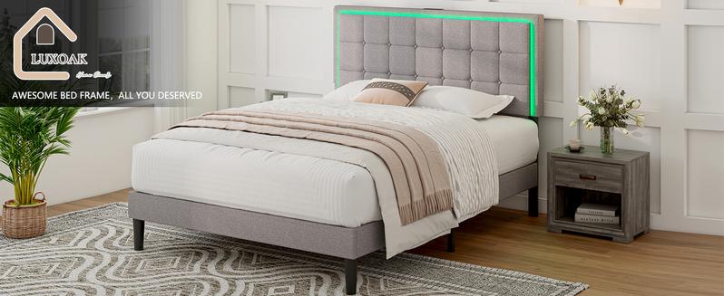 AMERLIFE Bed Frame with LED Headboard, Linen Button Tufted Upholstered Platform Bed with USB Charging Station, Strong Wooden Slats Support, No Box Spring Needed