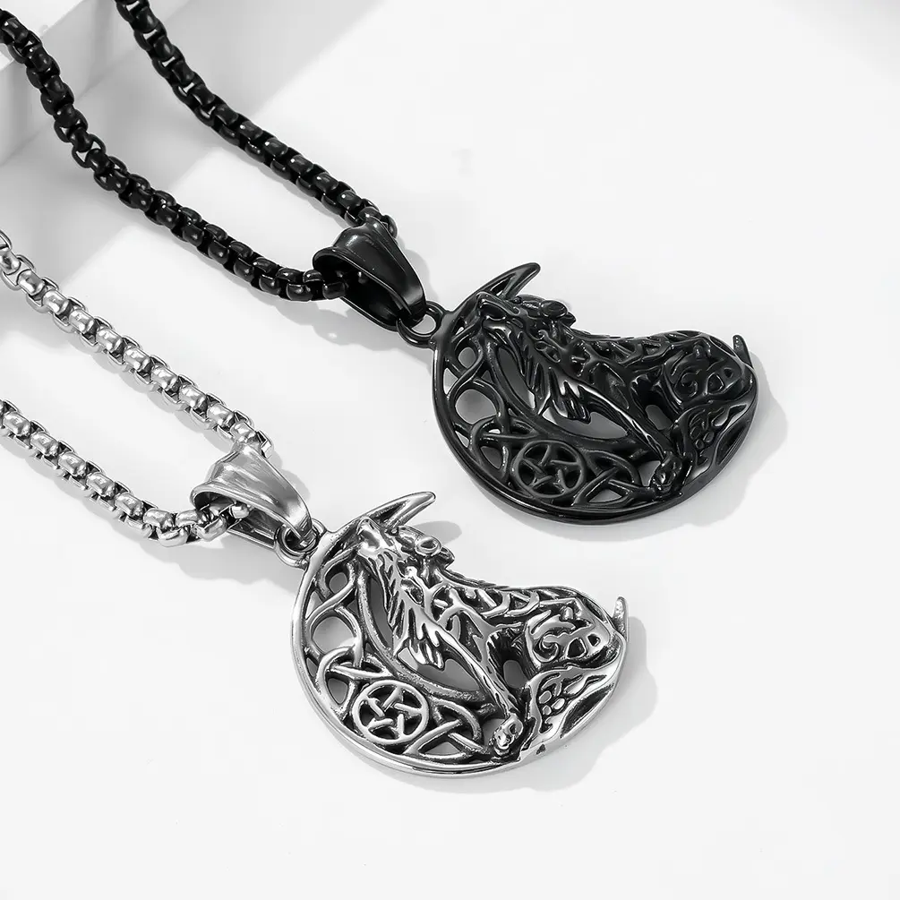 Nordic Celtic Wolf Stainless Steel Necklace Retro Moon Lone Wolf Hollow Pendant