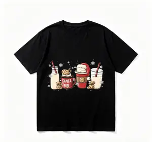 Women's Christmas Cookie Milk T-Shirt: Cotton mint green short sleeve top with cute Santa slogan & gingerbread man-hot chocolate print, loose crewneck casual party style, suitable for holiday occasions;