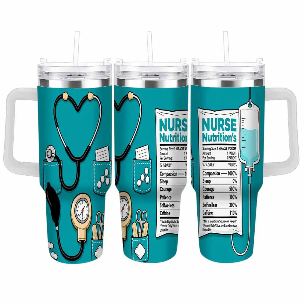 40oz/30oz Insulated Stainless Steel Medical Professional Tumbler - Nurse Nutrition Facts Print, Leakproof Lid, Handle, Durable Flask with Straw, Portable Drinkware for Hospital Shifts, Graduation Gifts, Flasks, Insulation