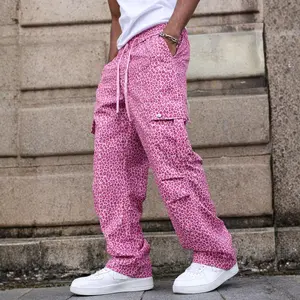 Men’s American high-street leopard print cargo wide-leg drawstring pants — casual, trendy long trousers for everyday wear