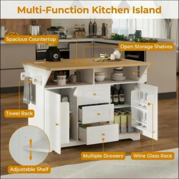 Modern Large Kitchen Island with 2 Drop Leaf Rolling Kitchen Cart on 5 Wheels Waterproof Portable Folding Storage Dining Table