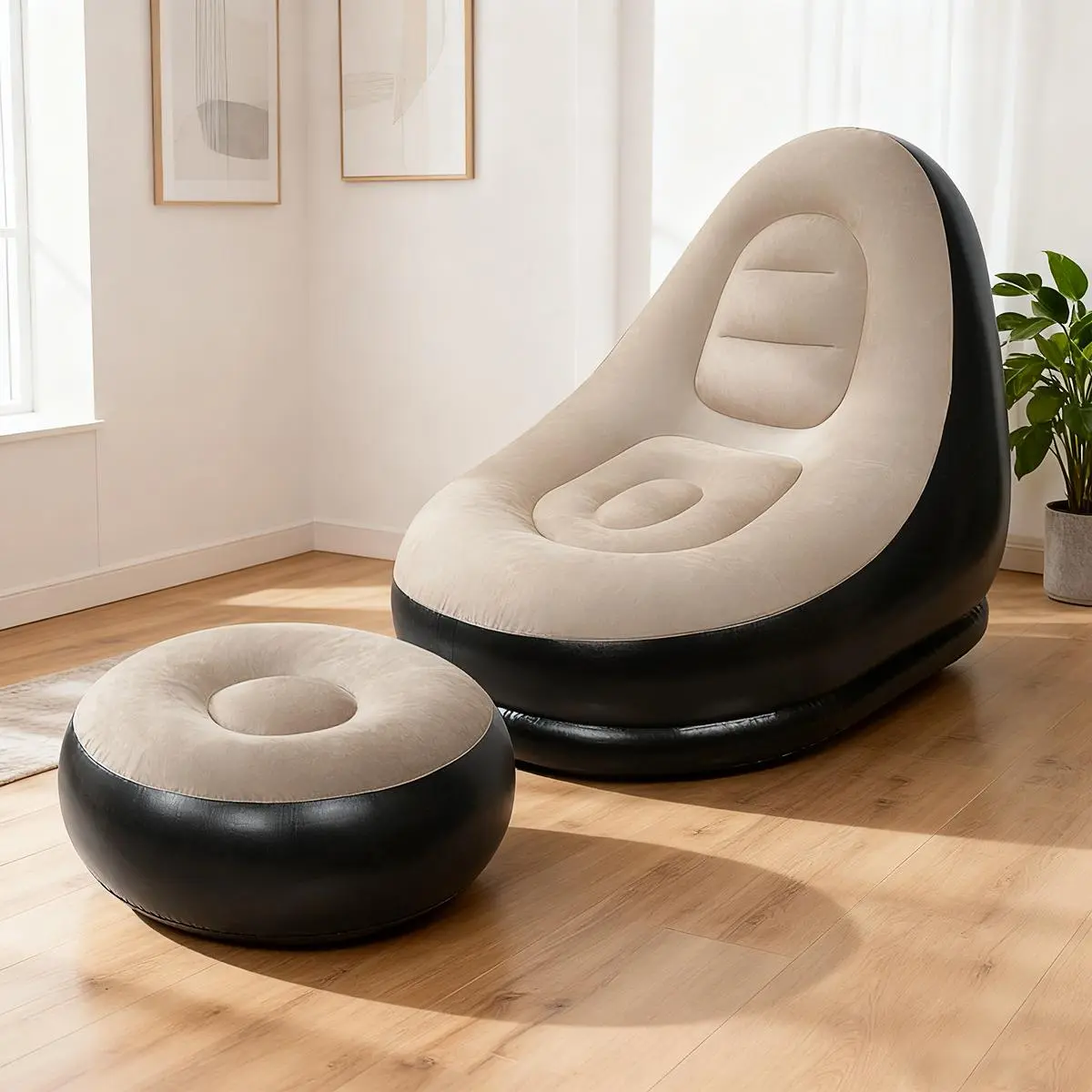 Portable Foldable Inflatable Lazy Chair Furniture with Matching Footstool - Skin-Friendly Ergonomic Air Recliner, Free Hand Pump, Living Room/Chill Room Furniture, Relaxing Gift Single Sofa for Indoor-Outdoor Use