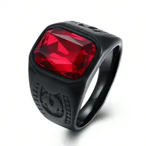 Men's silver-plated punk-style black and gold ring, unique and stylish with a red gemstone, a fashionable accessory and meaningful gift.