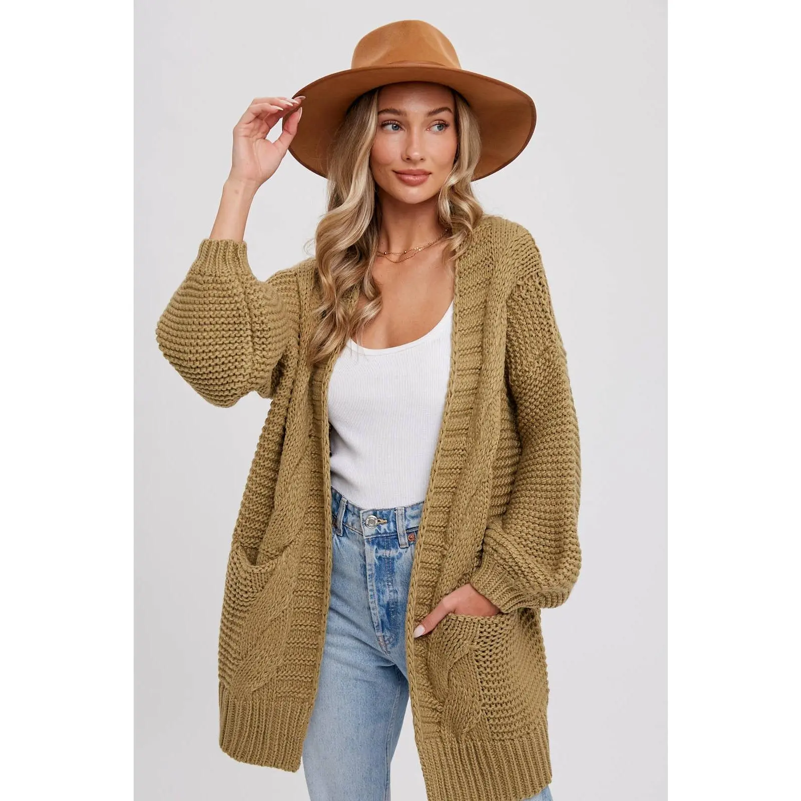 Chunky Cable Lantern Sleeve Cardigan