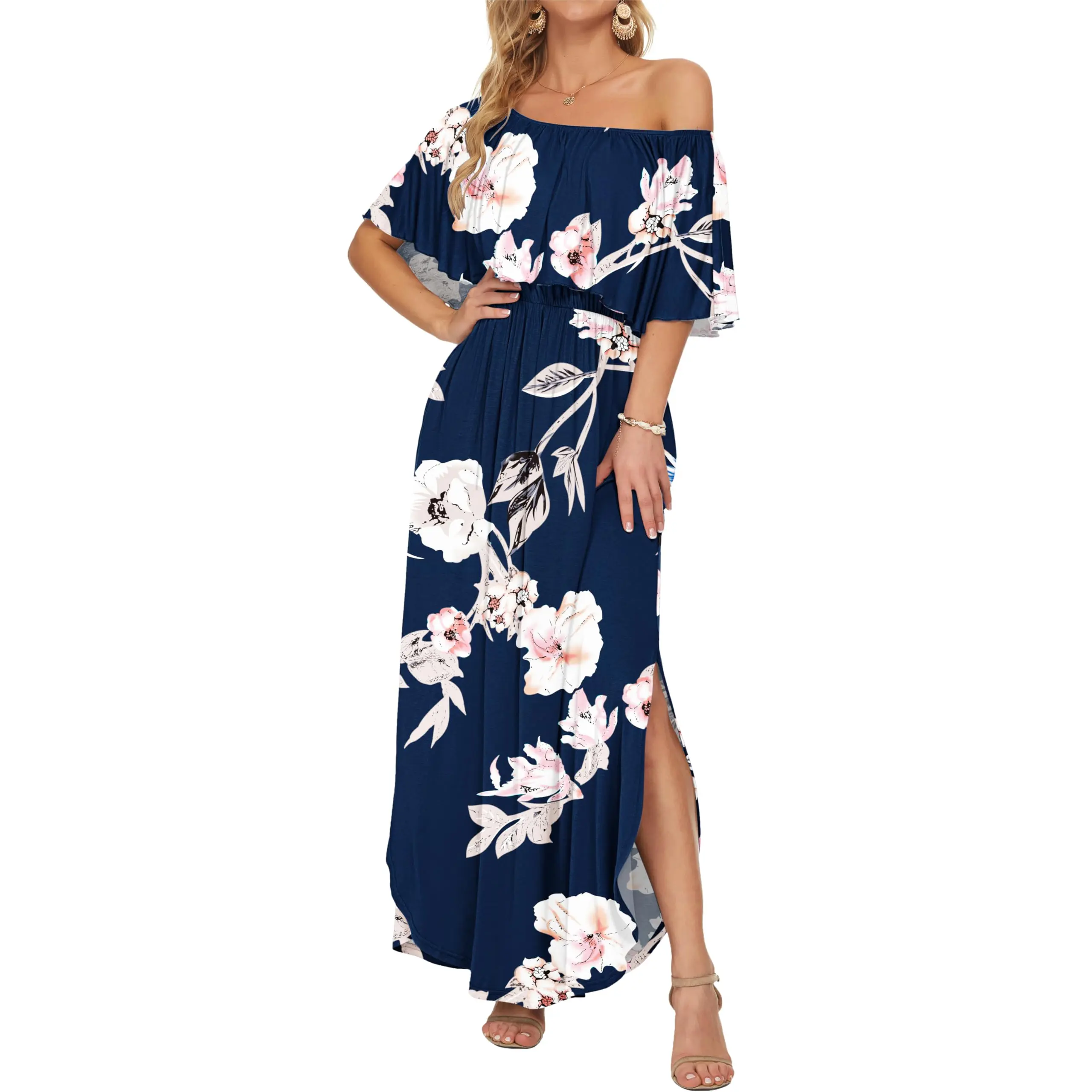 AUSELILY Women's Plus Size Off The Shoulder Dress Wedding Guest Dress Summer Casual Long Ruffle Party Side Split Beach Maxi Dresses with Pockets