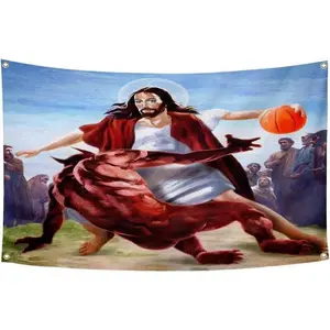 Jesus In Basketball Tapestry Flag (3x5ft,Heavy Duty,150D Polyester) College Dorm Room Man Cave Frat Wall Outdoor Poster, Large Decor Colorful Gift Lightweight, bedroom decor tapestry mens room decor cheap bedroom decor trippy room decor y2k room decor