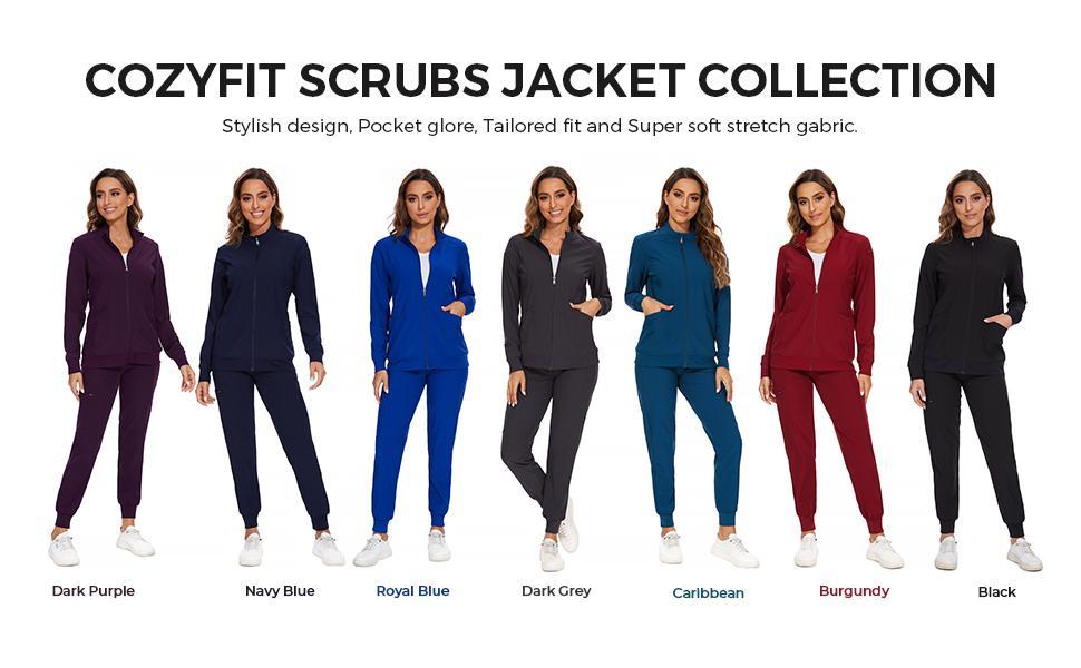 COZYFIT Scrubs for Women Set and Jackets - Stretch V-Neck Scrub Top & Jogger Pant, Zip Front Nurse Jacket SpringStatements
