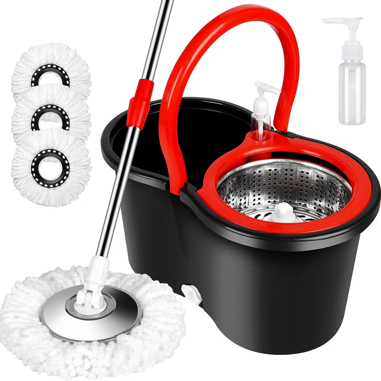 Colorful Rotatable 360° Spin Mop and Bucket Set - 61in Stainless Steel Adjustable Extendable Pole, Plastic Bucket, 3 Absorbent Microfiber Refills, Cleaning Supplies, Mother's Day Gift for General Cleaning