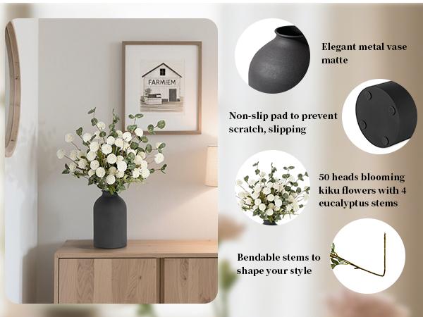Fake Flowers in Vase for Centerpieces: Metal Vase with 12 Stems of Artificial Mums Kiku Flowers Eucalyptuses Home Table Decor - White Faux Pom Poms Floral Arrangements for Living Room
