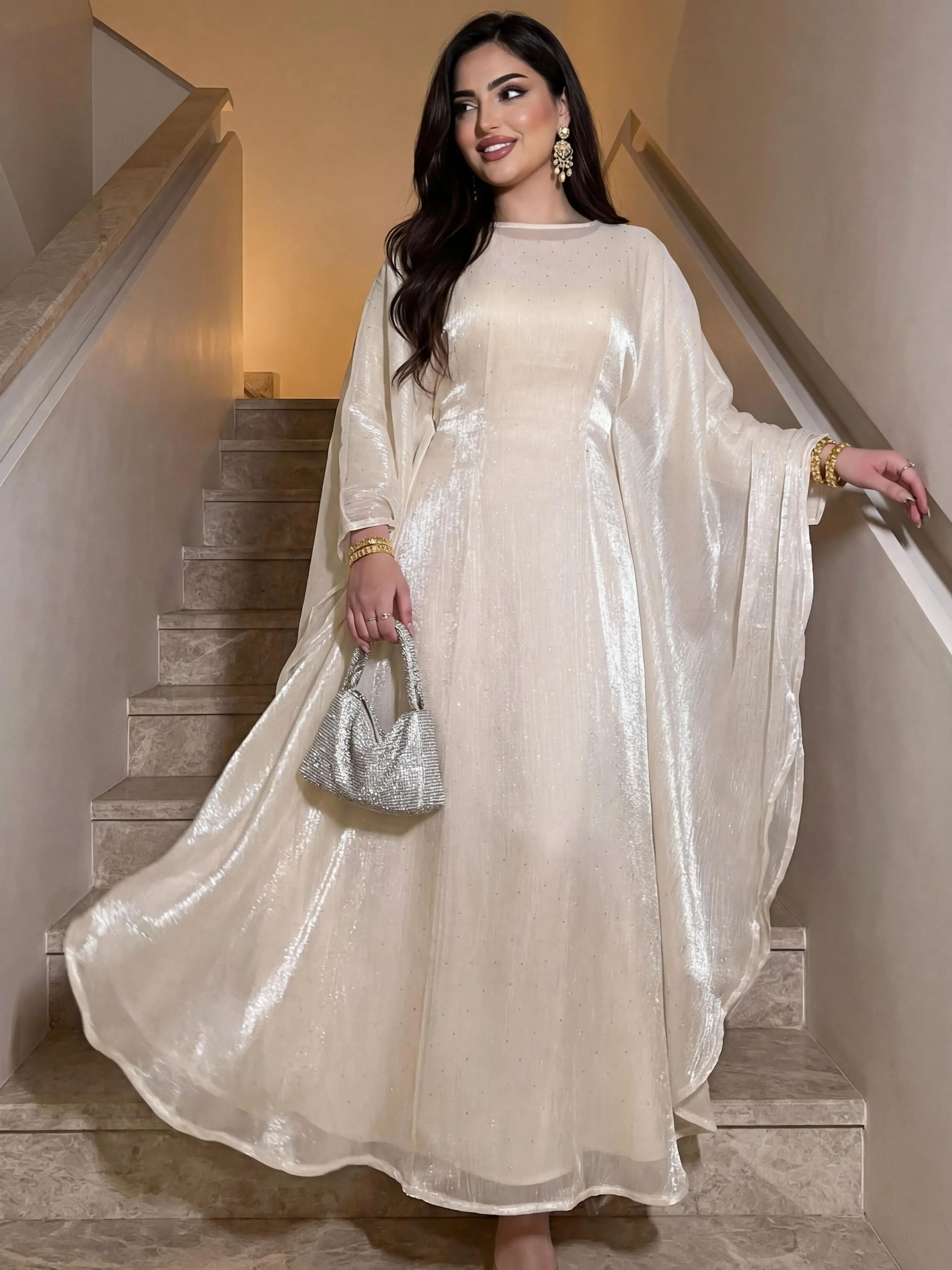 CL70-2 Shimmery Lustrous Abaya with Delicate Sparkle Embellishments – Batwing Sleeves, Flowy Oversized Silhouette, Elegant Ensemble for Evening Gatherings & Sophisticated Occasions Apricot Womenswear