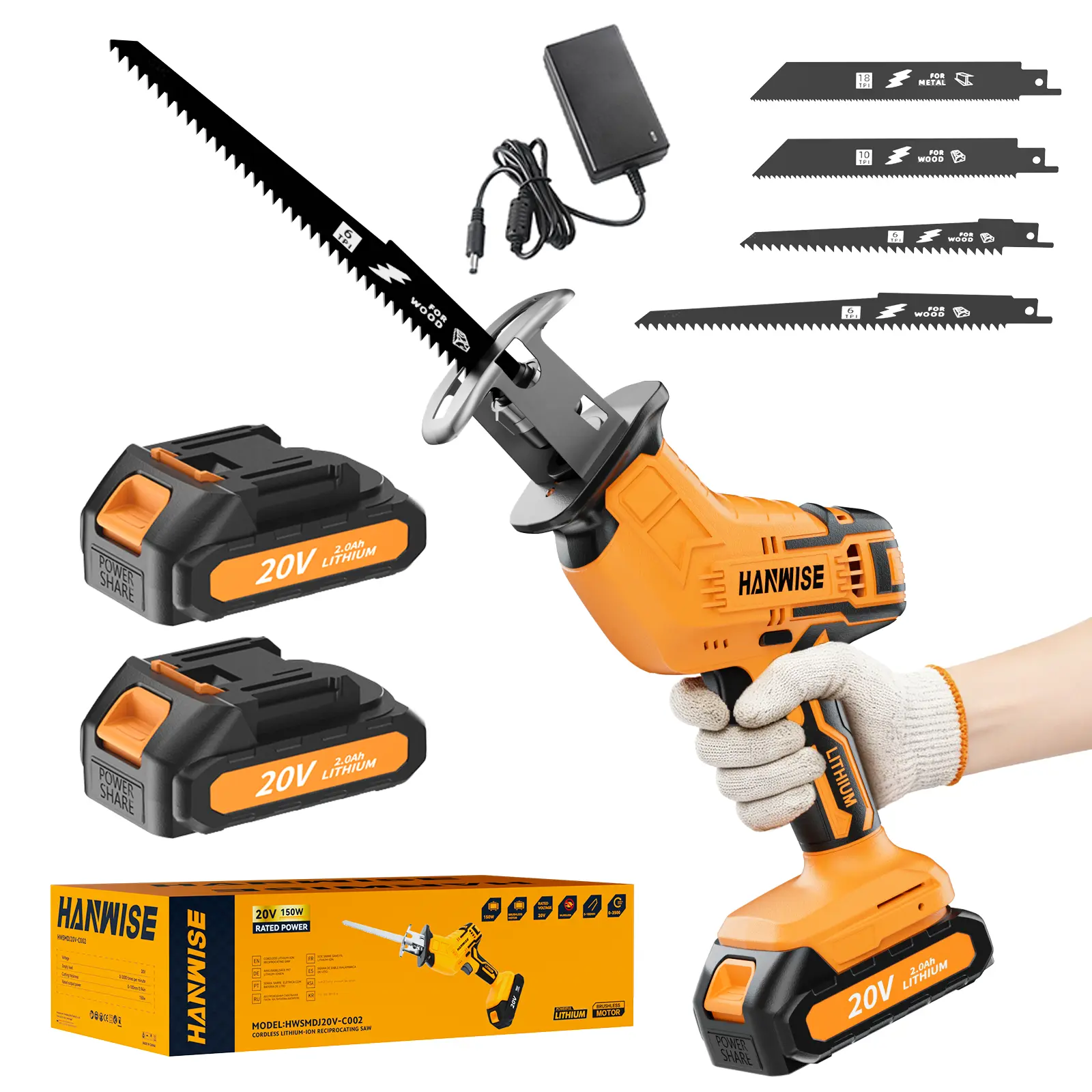 Reciprocating saw, cordless portable cutting saw tool. Equipped with batteries and saw blades of different sizes, it is used for repairing tree branches and can cut wood, plastic, and thin metal. Home work and outdoor recreation
