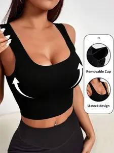 Women's Removable Padded Seamless Sports Bra Black Backless Ribbed Yoga Bra with Lift Support & High-Stretch Fabric for Fall