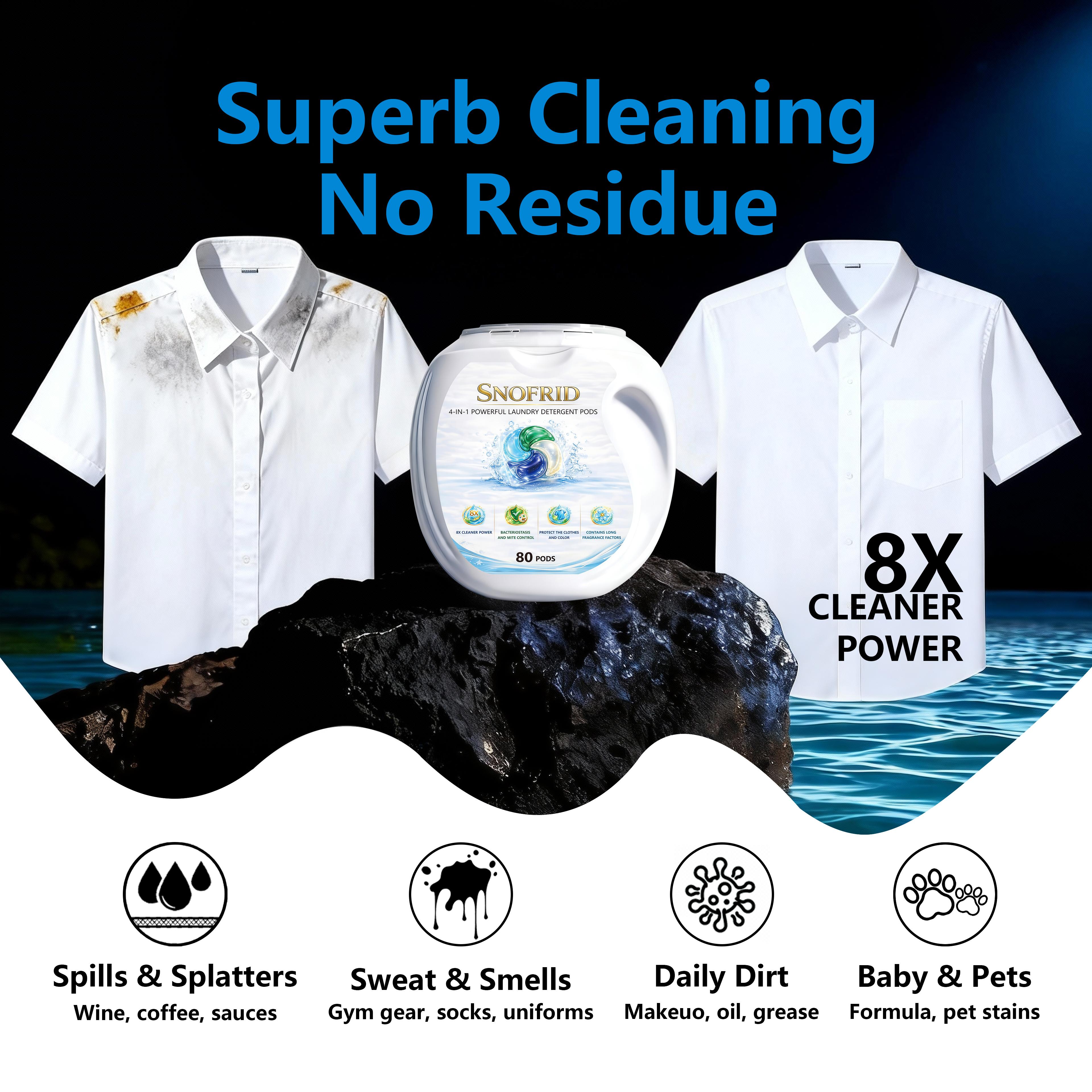 Snofrid 4-IN-1 POWERFUL LAUNDRY DETERGENT PODS,80 pods per tub, Long-Lasting Fragrance, Portable Laundry Detergent Beads for Home & Travel