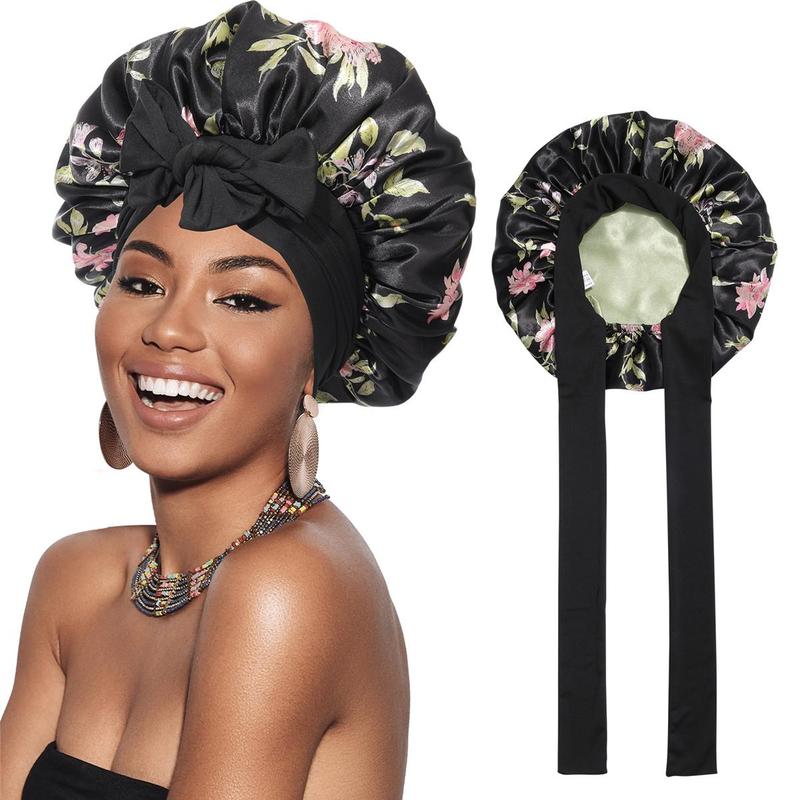 Double Layer Satin Bonnet for Sleeping - Silk Like Texture, Elastic Tie Band, Curly Hair Nightcap, Smooth Haircare, Reusable, 100% Polyester, 55cm Cap Circumference, 94cm Length, 35cm Width, 61cm Rope Length, 6.5cm Rope Width