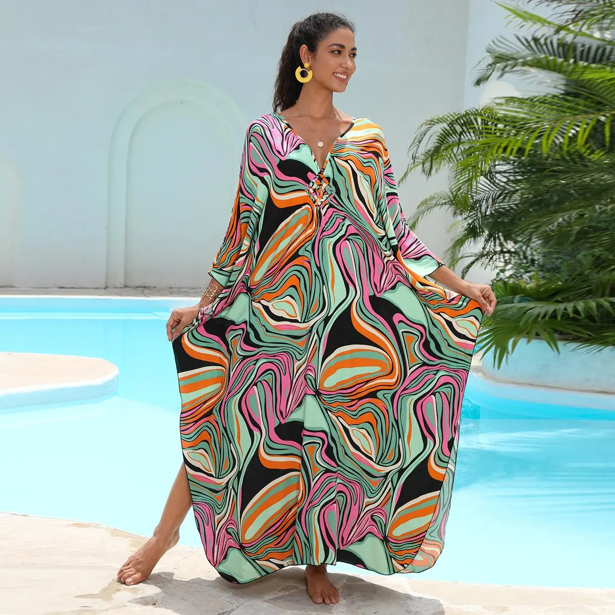 Women's Plus Size 100% Viscose Bohemian Kaftan Dress - Long Sleeve, V-Neck, Loose Fit Casual Wear with Side Splits, Summer Beach Coverup, Hand Wash Only
