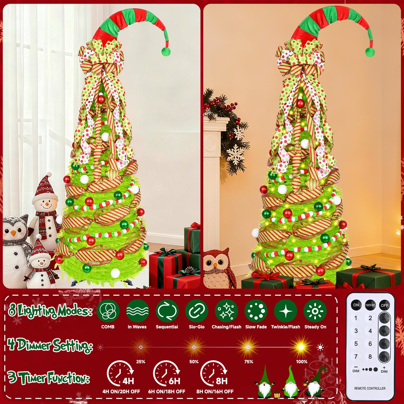 6FT Pop Up Christmas Tree with Lights Remote Control & Ornaments Collapsible Lime Green Xmas Tree with Santa Hat & Bow Tree Topper Whimsical Design for Indoor Outdoor Use Party Decoration Supplies
