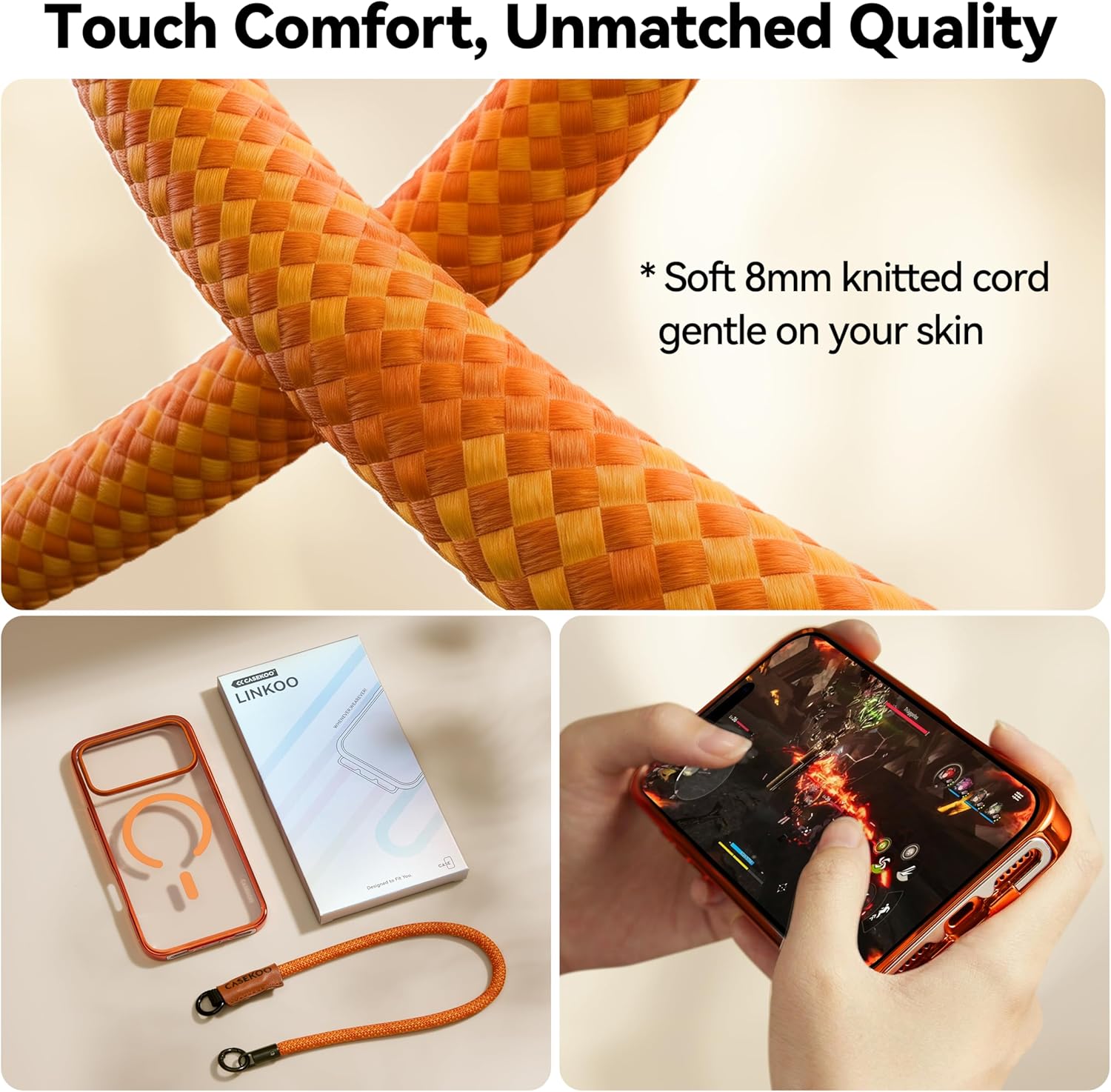 CASEKOO Linkoo 1st Magnetic iPhone 17 Pro Max Case with Foldable Invisible Lanyard Buckle Wrist Strap, Anti-Fall, Aluminum Alloy Lens Protection, Tether Phone Case, Hiking Daily Commute, Glossy Orange