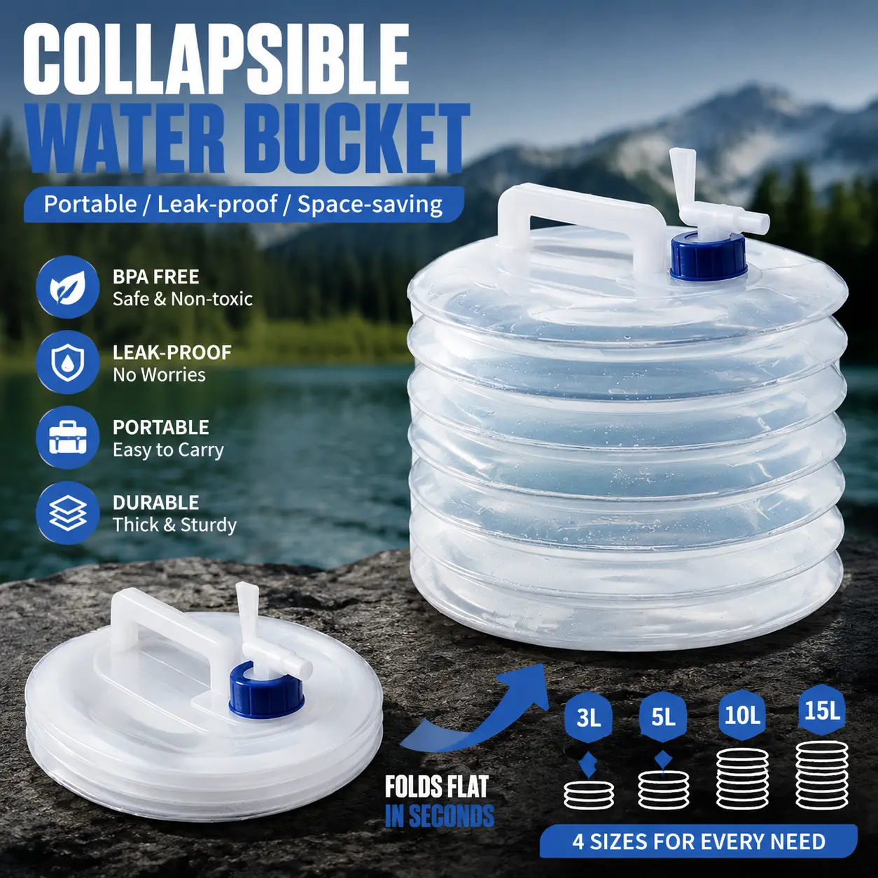 Collapsible Water Container with Faucet 3L–15L, Portable Folding Water Bucket, Leakproof BPA-Free Camping Water Storage Tank for Outdoor, RV & Emergency Use