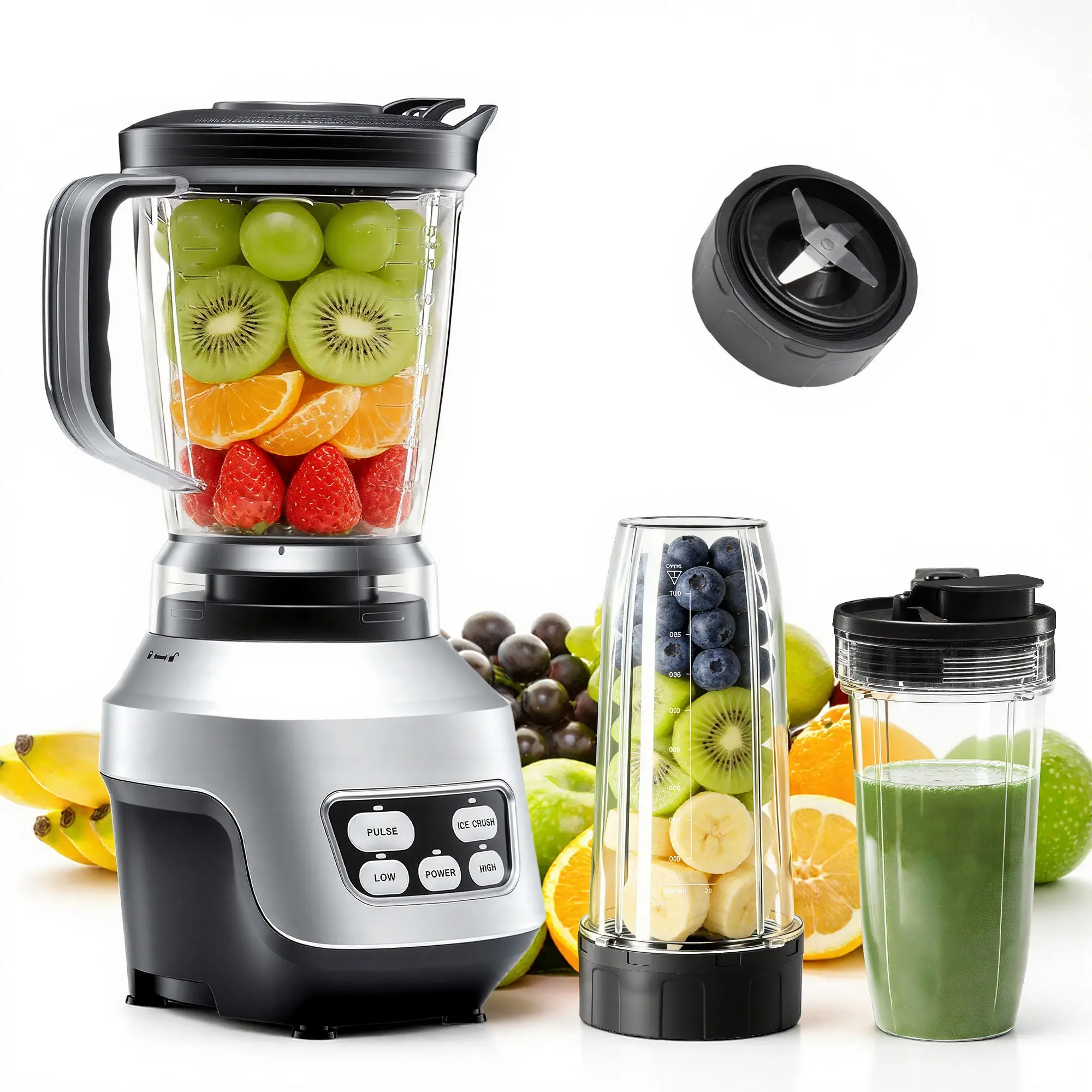 Sweetcrispy Compact 1.5L Multifunctional Juice Blender for Kitchen Gadgets, Countertop Portable Blender with 2 Travel Cups, Ice Crush Mode, Pulse, 2-Speed Control, Safety Lock & Overheat Protection, Stainless Steel Blades for Shakes, Blenders For Smoothie