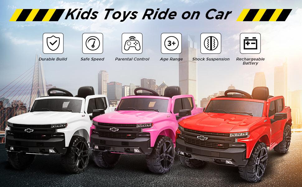 GARVEE 12V Battery-Powered Ride-On Car - Licensed Chevrolet Silverado GMC Truck for Toddlers with Remote Control, MP3/Bluetooth, Spring Suspension, LED Lights, Available in Black, White, Pink, and Red.