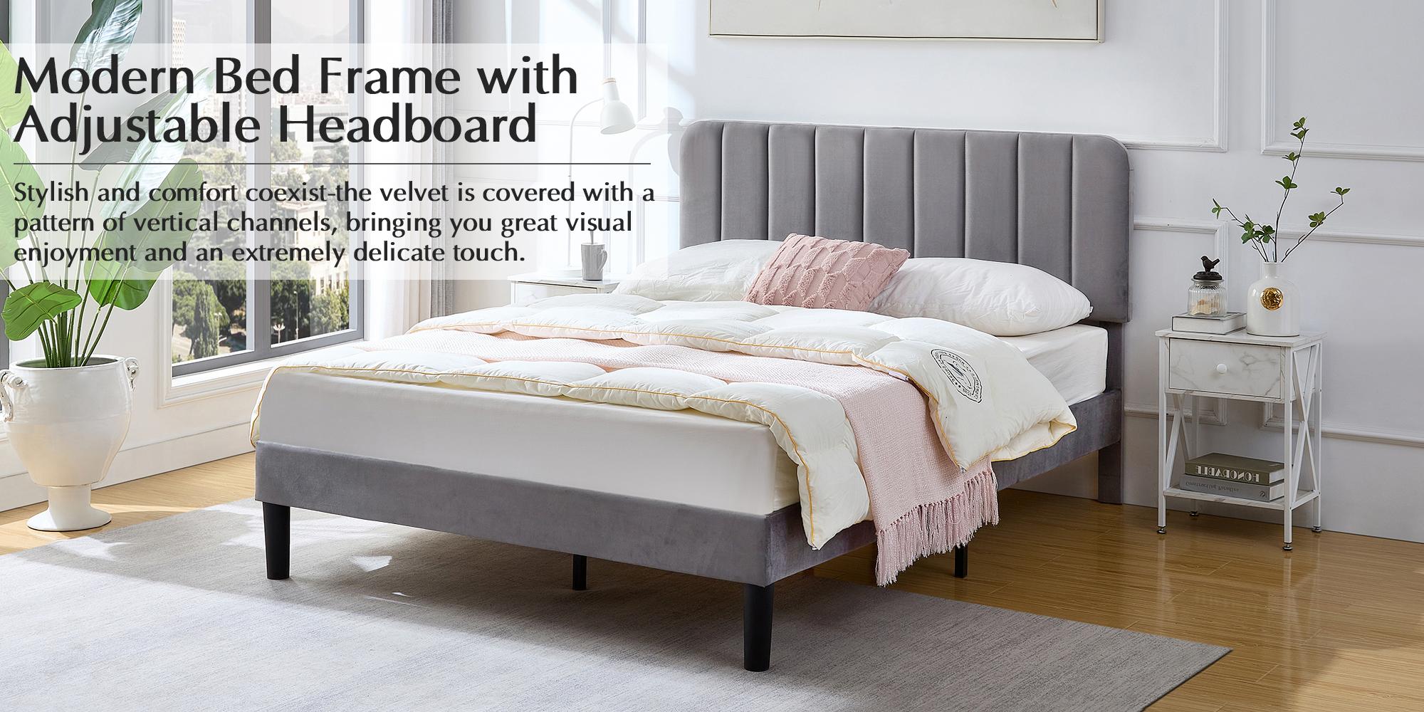 VECELO Upholstered Queen Twin Full Queen Size Bed Frame Platform with Velvet Adjustable Headboard Wooden Slats,Noise-Free,No Box Spring Needed, Easy Assembly