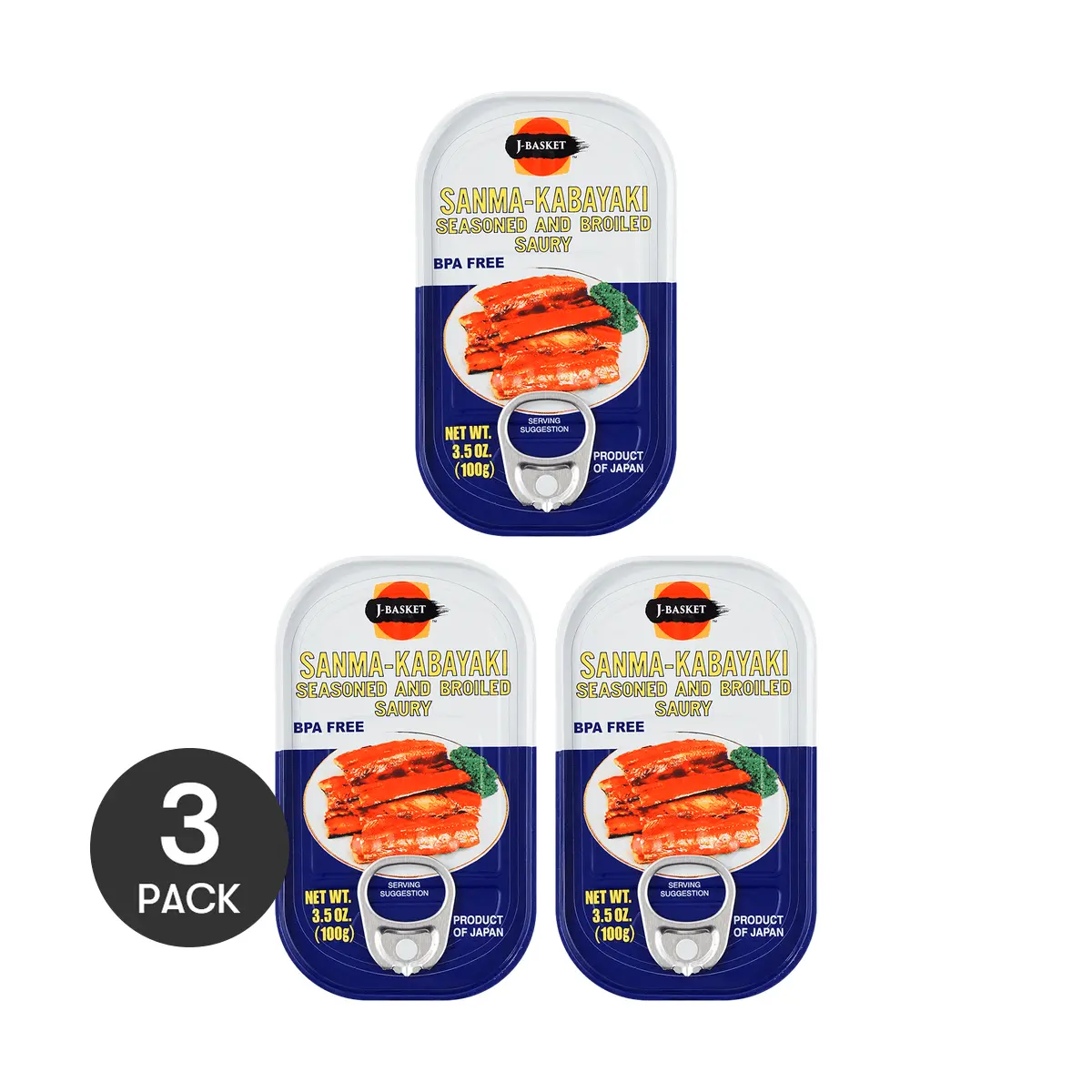3 Pack J-BASKET Sanma Kabayaki Seasoned Broiled Saury 3.5 oz - Japanese Canned Fish, Premium
