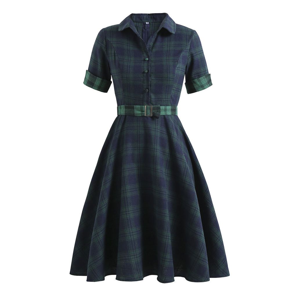 Retro Stage 1950S Green Plaid Short Sleeve Shirt Dress with Cinched Waist & Flared Skirt for Casual Outings & Dates - Classic Look & Comfortable Fit Womenswear Collared Shortsleeve Summer Basic Minimalist Vintage Girly Clothes Suits Gamis Fitted