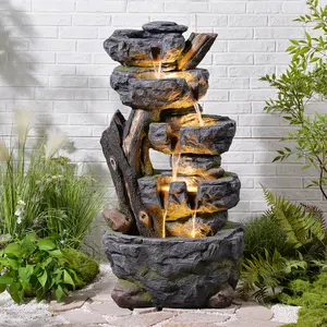 47.2" Tall Outdoor Water Fountain 5-Tier Large Cascading Waterfall Fountain Realistic Rock & Tree Trunk Design with LED Lights, Relaxing Water Flow for Garden, Patio, Backyard & Porch Decor