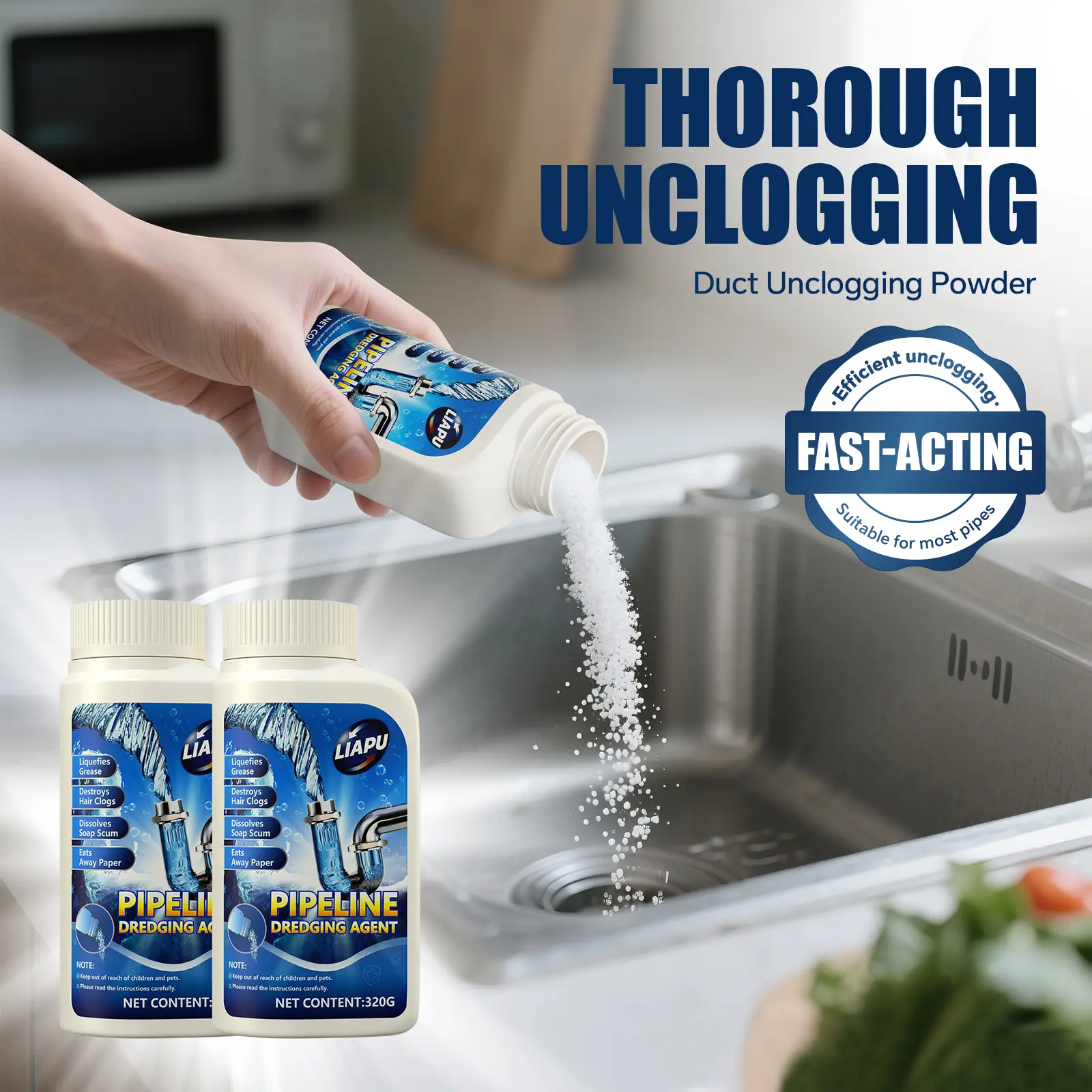 Liapu Powerful Powder Drain Unclogger Cleaner - Anti-Clogging Deodorizing, Anti-Bacterial Drain Opener, Dissolves 200 Clogs, Kills 99% Bacteria, Odour Control, Unscented, 1 Pc for Kitchen & Bathroom Pipes,dorm essentials,home essentials