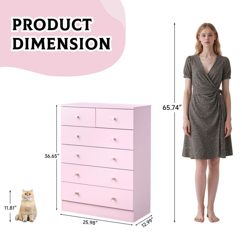 Karlhome Drawer storage cabinet Macaron powder particleboard with triamcinol coating, 66*33*89cm, five-layer six-drawer chest of drawers, matte gold handles