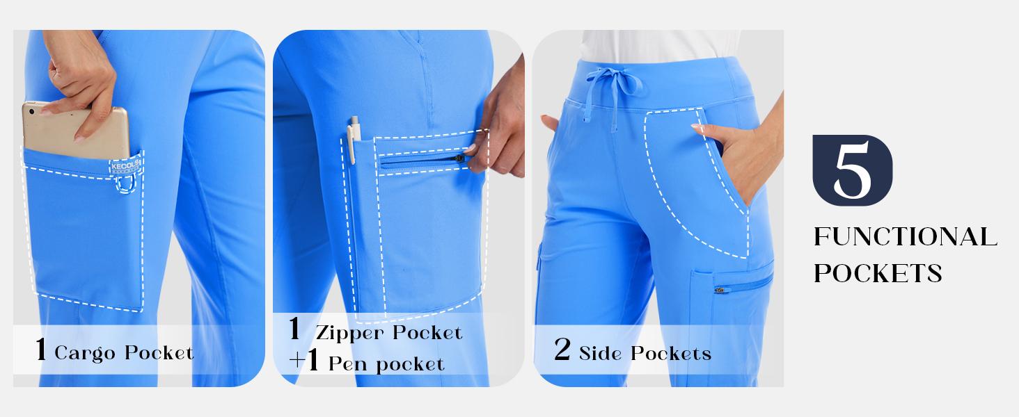Yoga Scrub Pants Women High-Rise Straight Leg Uniform Cargo Bottom with Yoga Waistband,5 Pockets&4-Way Stretch