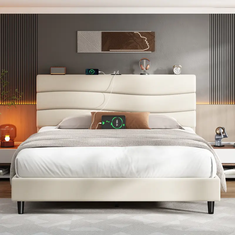 【Teen's First Bed】Raybee Modern & Quiet Luxury Queen Size bed frame,Upholstered with Adjustable Headboard【Frame ONLY,No Box Spring Needed】Sturdy Frame Platform Bed & Noise-Free, Storage bed & Built-in Charging Station, Easy Assembly #TiktokStockUp