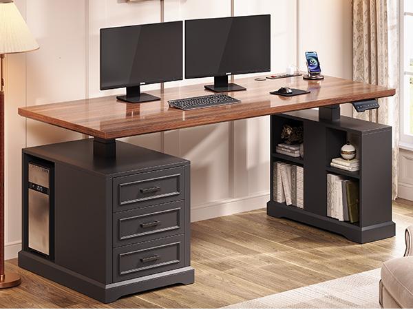 SEDETA Farmhouse Electric Standing Desk, 63" Height Adjustable Computer Desk with 3 Drawers, Storage Shelves, Power Outlets, Wood Home Office Stand up Desk for Work, Study, Writing