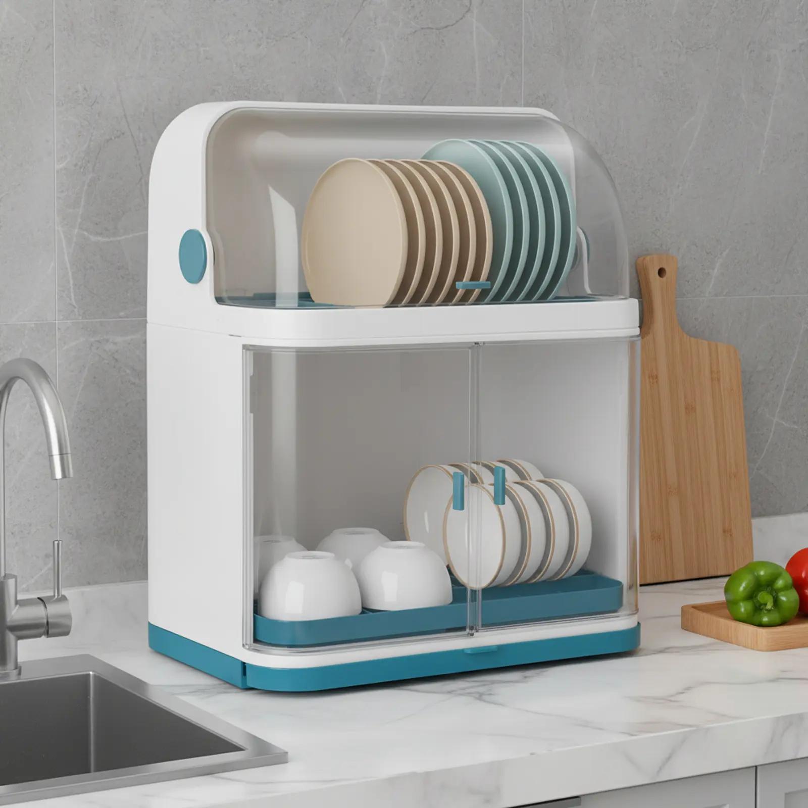2-Layer PP Plastic Dish Drainer Organizer Rack, 38×25×45 cm, 20 kg Capacity Compact Space-Saver Durable Countertop Drying Stand for Plates, Cups, Utensils - Home Kitchen Use