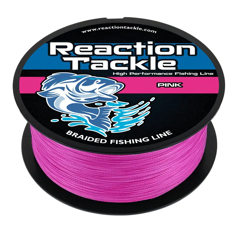 Pink Braided Fishing Line - Reaction Tackle X4 Pink & X8 No-Fade Pink Braid, Zero Stretch, Small Diameter, Abrasion Resistant, 6-100lb, 150-3000yd Spools - Saltwater & Freshwater Bass, Trout, Panfish