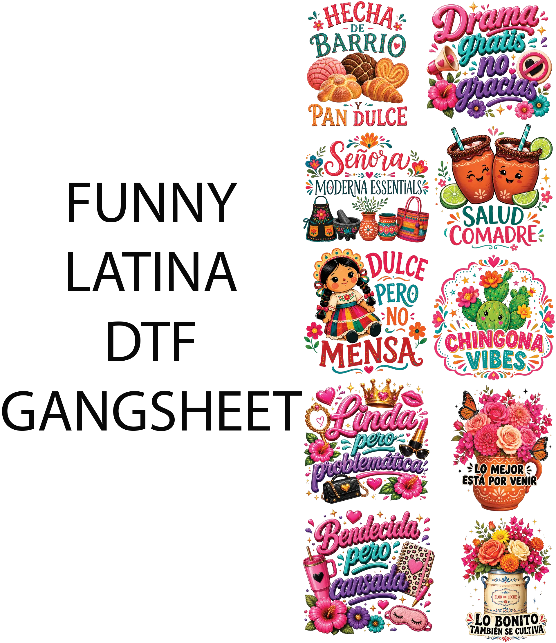 Funny Latina DTF Gangsheet, DIY Printmaking Accessory for Shirtmaking
