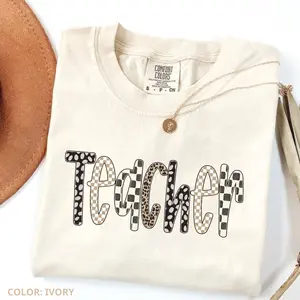 Comfort Colors Leopard Teacher tshirt, Checkered Teacher Shirt, Retro Teacher Graphic Tee, Teacher Appreciation Gift, Trendy Teacher Outfit