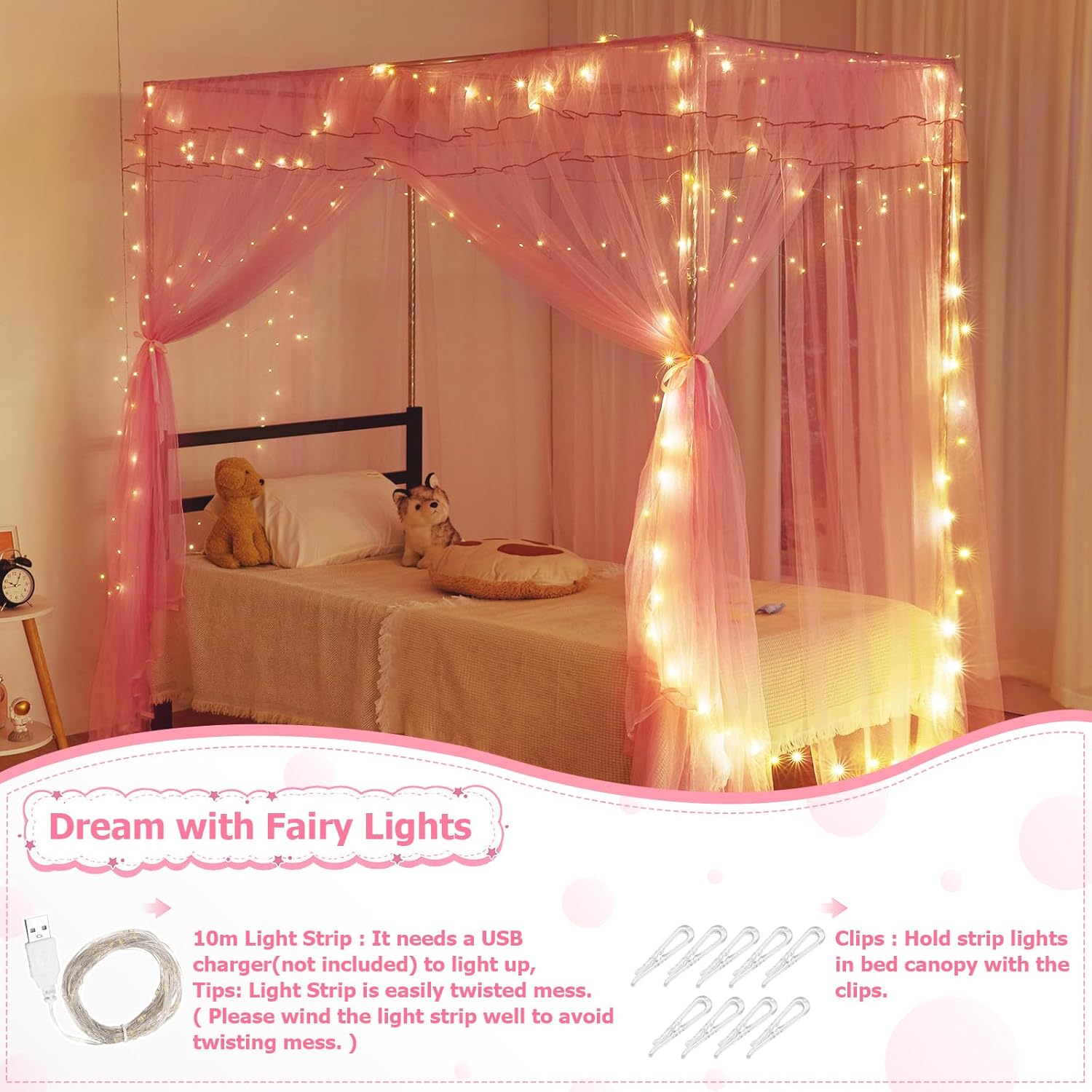 Twin Bed Canopy with Lights, Bed Canopy for Girls Princess with Luminous Stars, Canopy Bed Curtains for Twin Bed Kids Adult Indoor Decor Bedroom, 4 Corner Post Bed Canopy for Student Dormitory, Pink