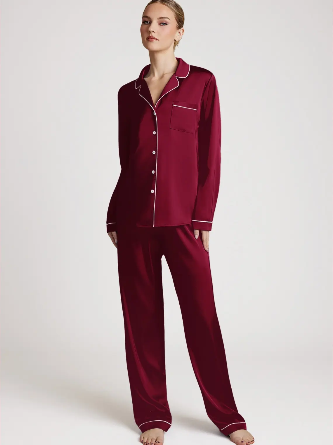 AZAZIE Women's 2-Piece Satin Pajama Set, Long Sleeve Button-Up Loungewear with Contrast Piping and Notch Collar