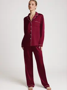 Azazie Long Sleeve Button-Up Contrast Piping Satin Pajama Set