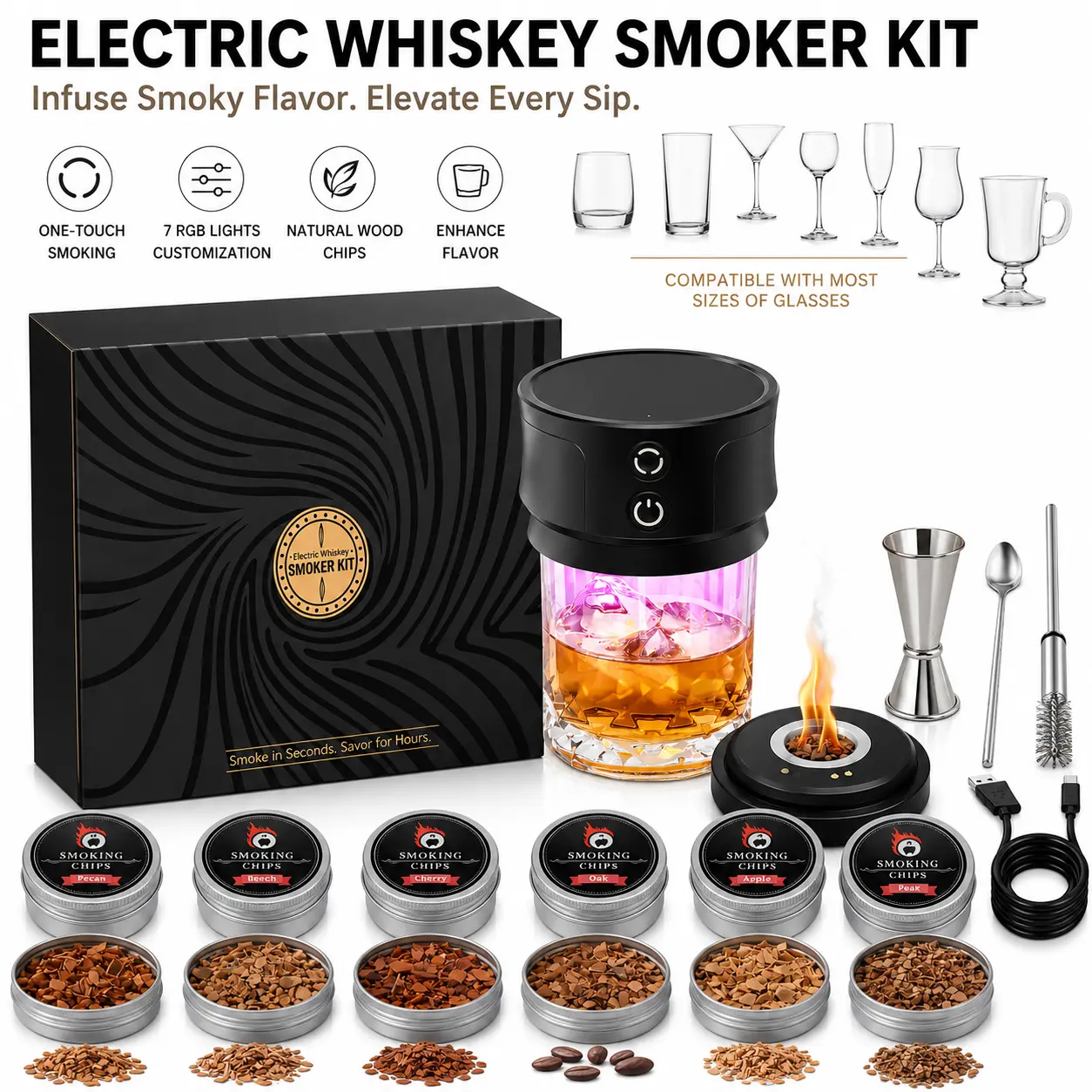 Whiskey Smoker Kit with 6 Wood Chips | Bourbon Cocktail Smoke  Infuser Set for Him | Birthday Gifts for Men Husband Dad Boyfriend  | Bar Accessories Smoker Kit No Butane
