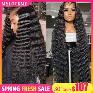 34inch Deep Wave Lace Front Wigs Human Hair 13x6 HD Transparent Human Hair Lace Front Wigs for Women 180% Density Deep Curly Human Hair Wigs Pre Plcked Deep Wave Lace Frontal Wigs