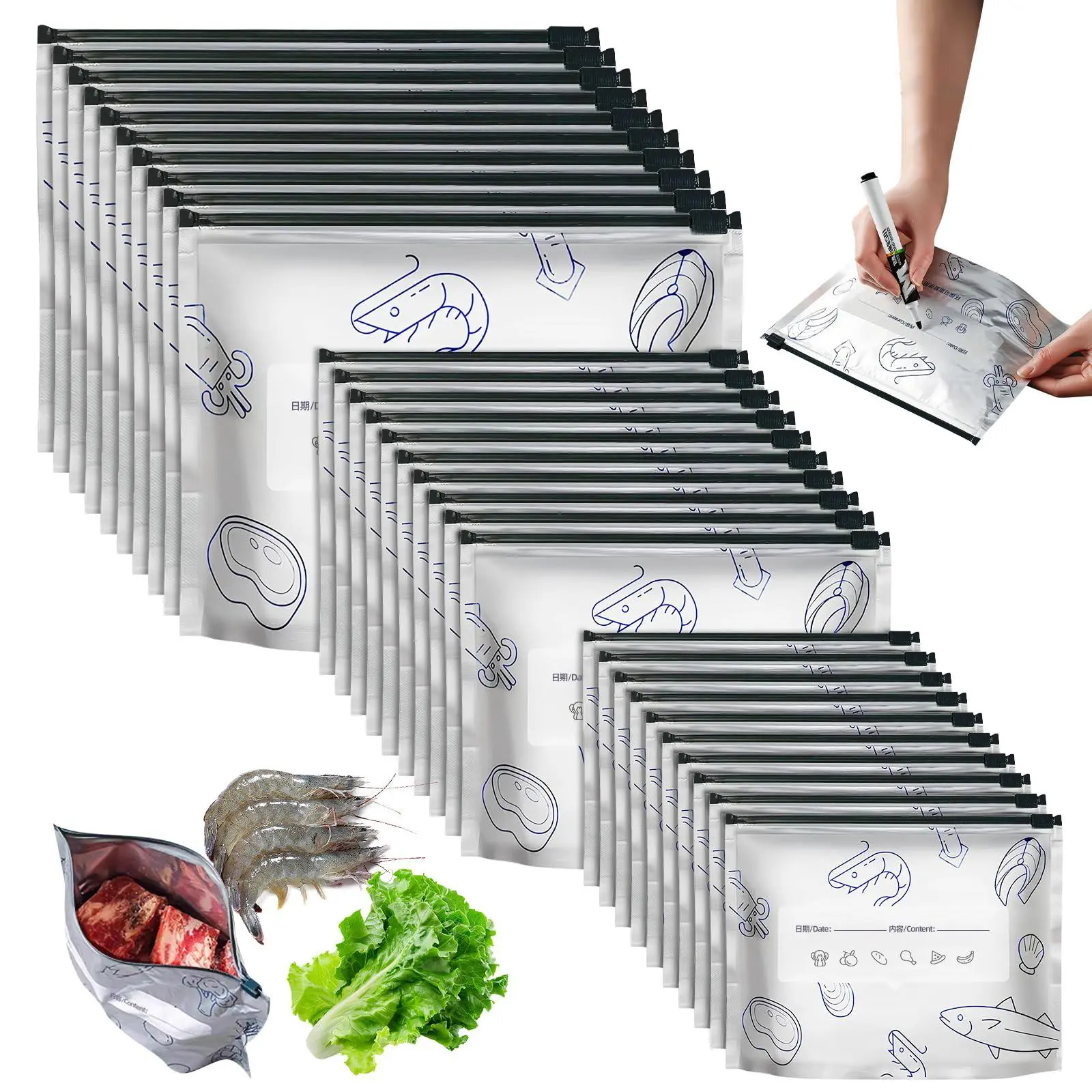 30 PCS Thick Foil Reusable Aluminum Zipper Bags - Multi-Size (3 Sizes), Insulation, Airtight Self Sealing, Freezer-Safe, Waterproof Storage Containers for Home Storage Organization Ideas, Meat, Vegetables