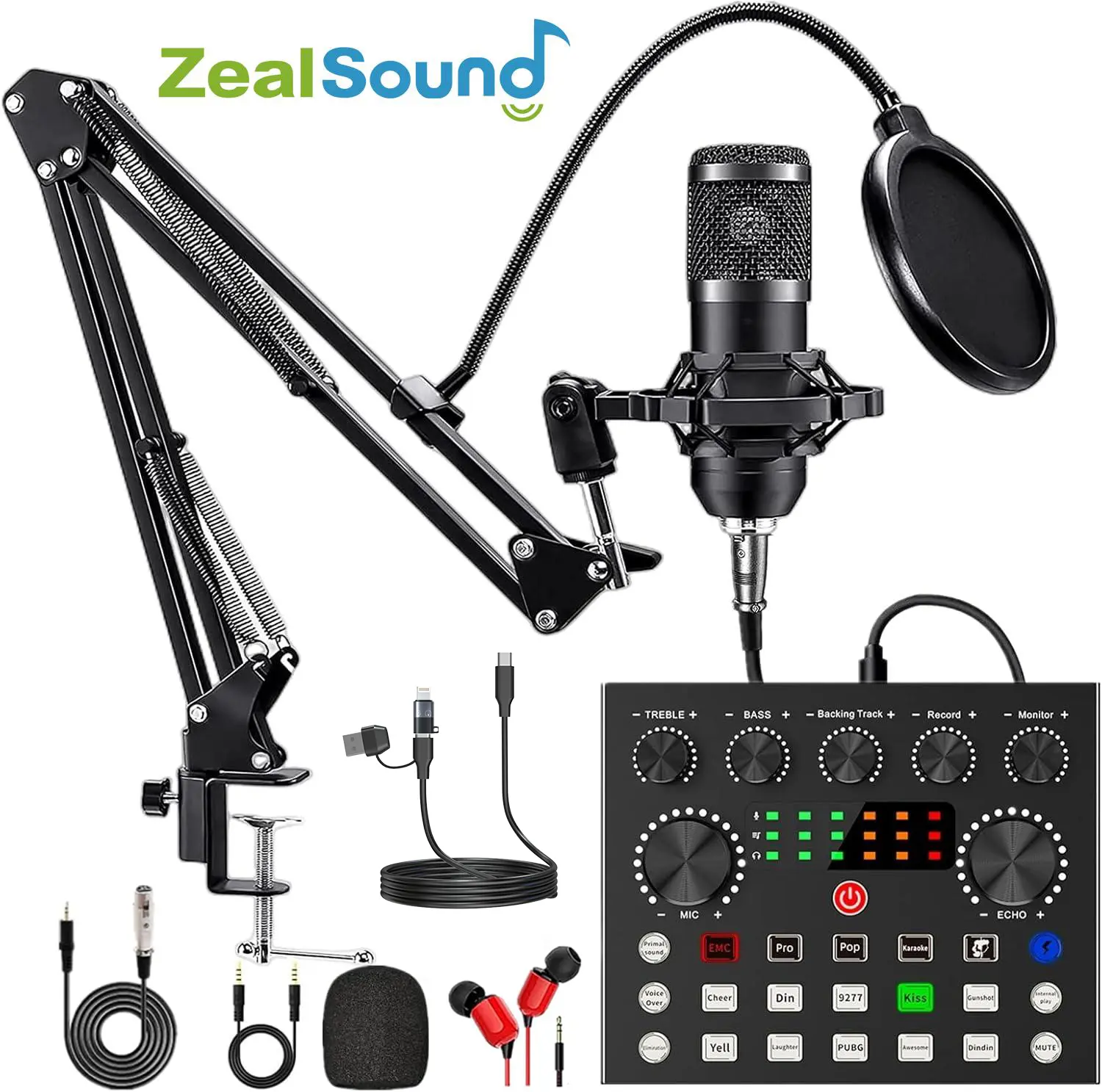 ZealSound V8S Content Creator Kit - USB Audio Interface, Condenser Live Mic, Sound Card, Headphones, Voice Changer, Lightning Adapter, Studio Monitor, Shock Mount (Type-A, USB-C Devices, iPhone, Laptop, PC)